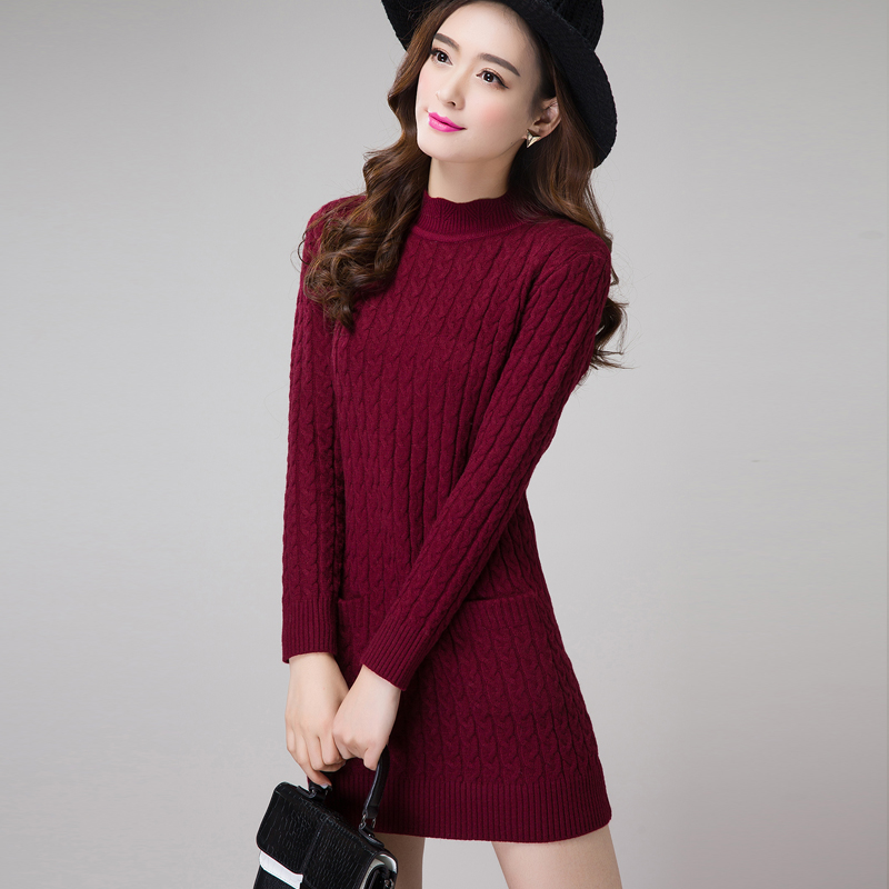 2015冬季新款女士套头毛衣中长款韩版半高圆领修身打底加厚针织衫