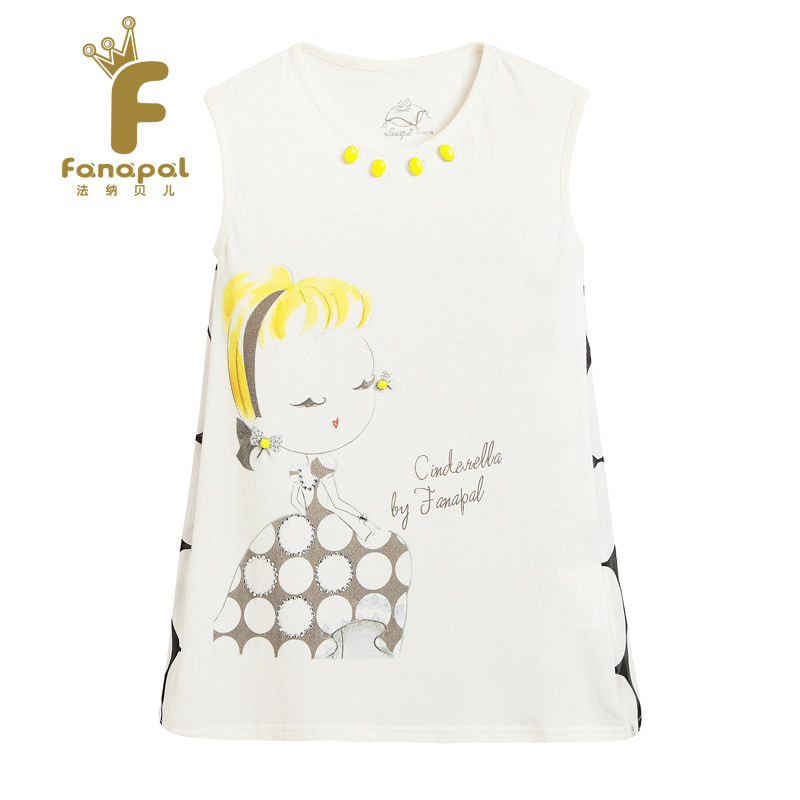 法纳贝儿童装女童T恤2015夏装新款中大童纯棉拼接无袖印花t恤衫