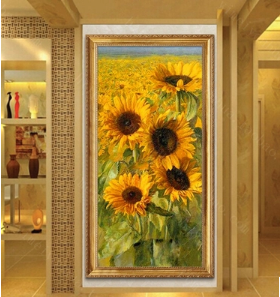 玄关油画向日葵手绘欧式玄关走廊过道田园花卉竖版装饰挂壁画