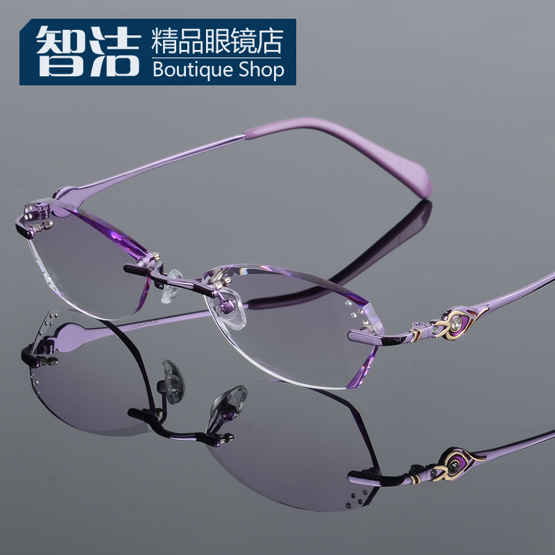 包邮 钻石切边眼镜 女款 纯钛无框眼镜框 成品近视眼镜架 渐变色