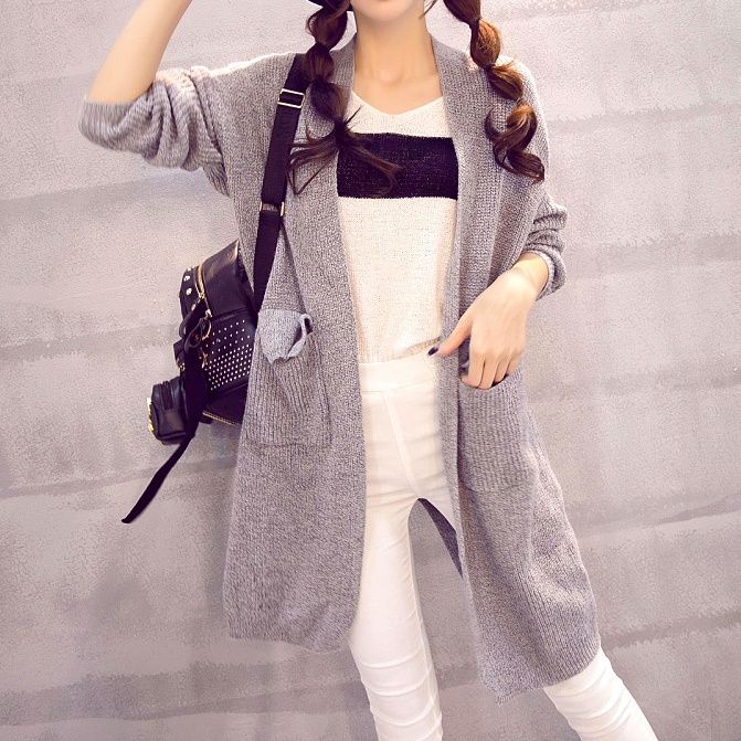 2015秋冬装新款韩版中长款欧版毛衣外套开衫女口袋v领显瘦