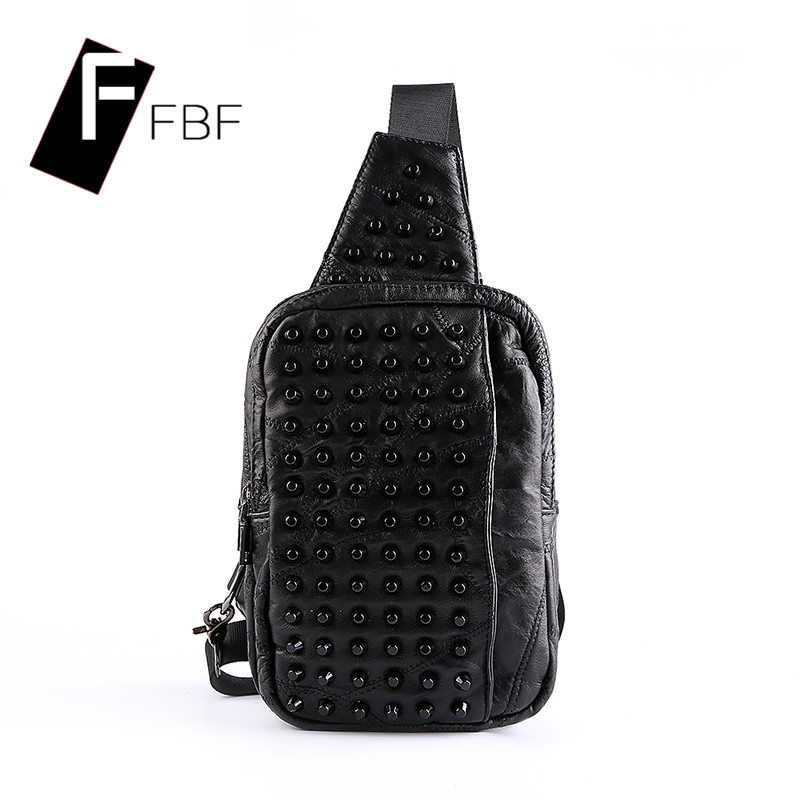 FBF男式新款休闲背包纯色铆钉包真皮包运动包斜挎包胸包2977