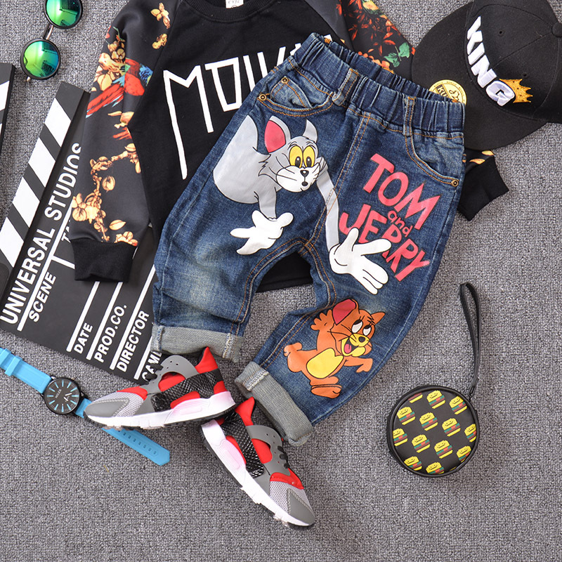 2016新款男童休闲牛仔裤猫和老鼠卡通图案秋季牛仔长裤中小童裤子