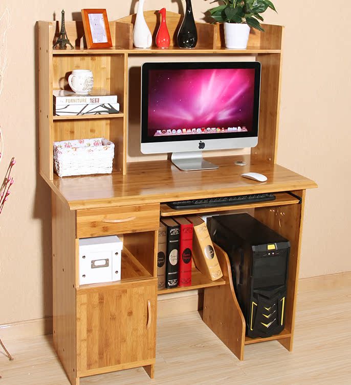 1米楠竹电脑桌台式带书架简易家用办公桌简约写字台带抽屉柜书桌