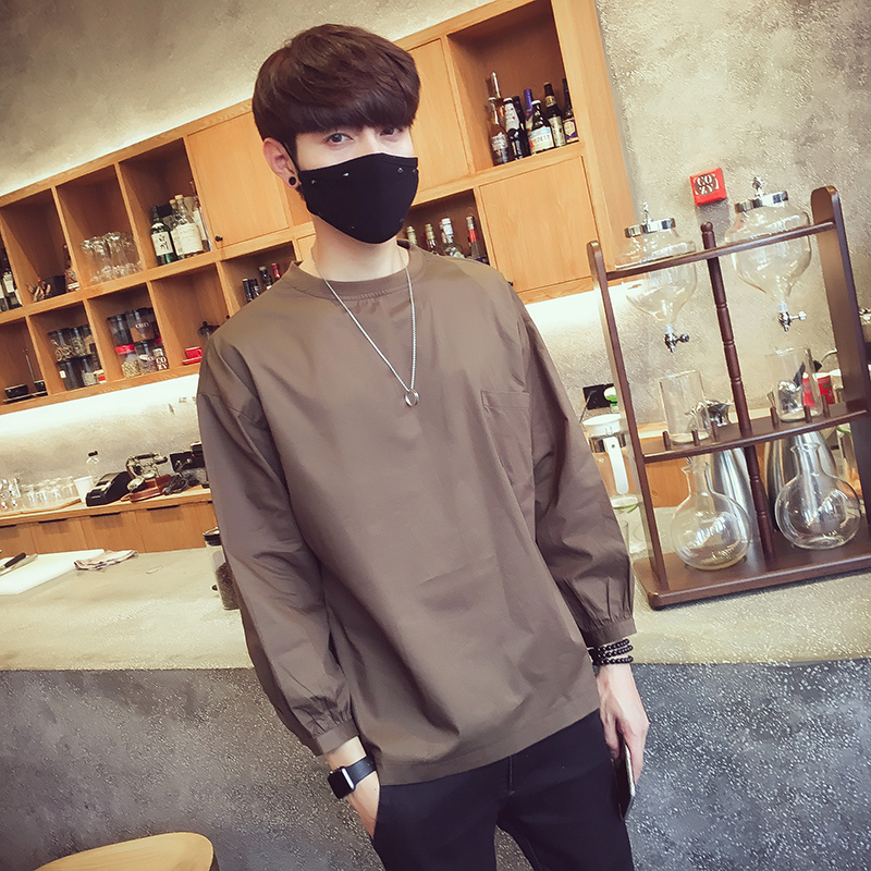 韩版长袖T恤纯色宽松青少年圆领体恤衫简约学生男装T恤潮流蝙蝠衫