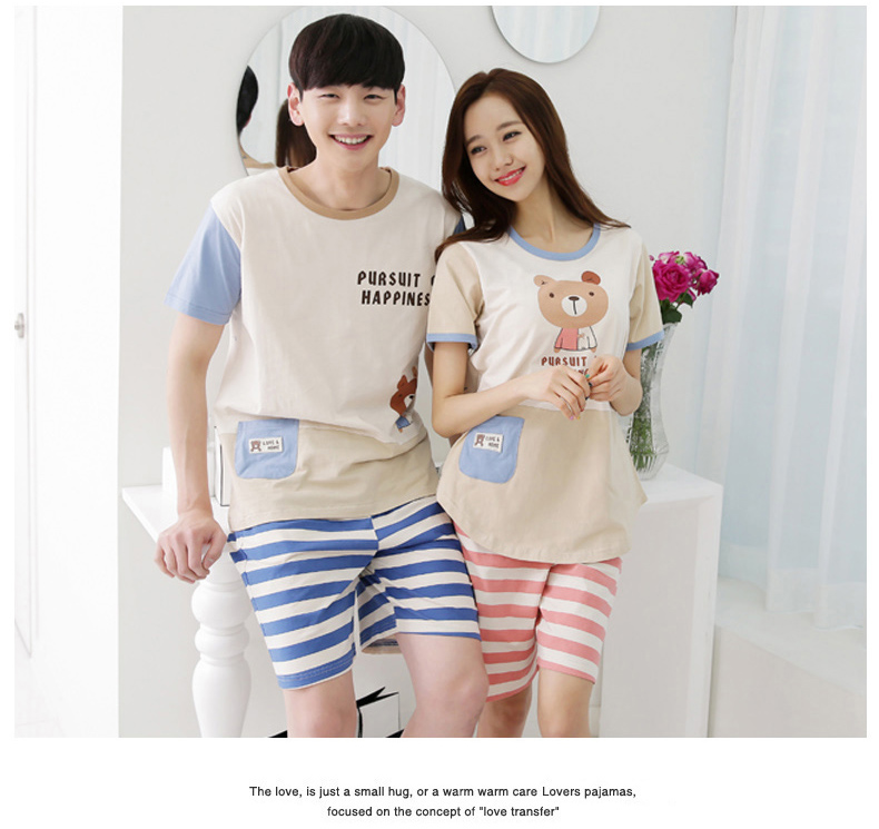 夏季 韩版情侣100%纯棉短袖睡衣套装卡通可爱小熊男女休闲家居服