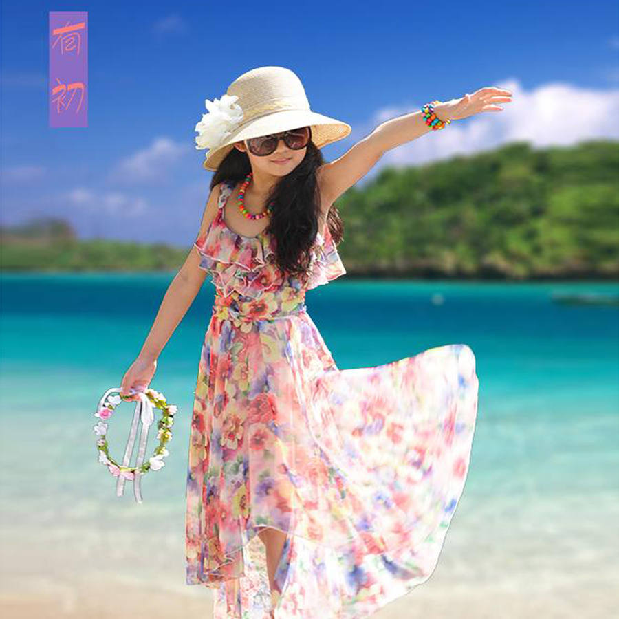 2015夏季新款连衣裙女童长裙沙滩裙中大童碎花吊带雪纺长裙子包邮