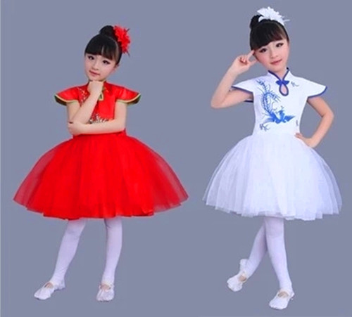 新款儿童演出服装女童古筝民族舞蹈表演服饰中国风青花瓷连衣纱裙
