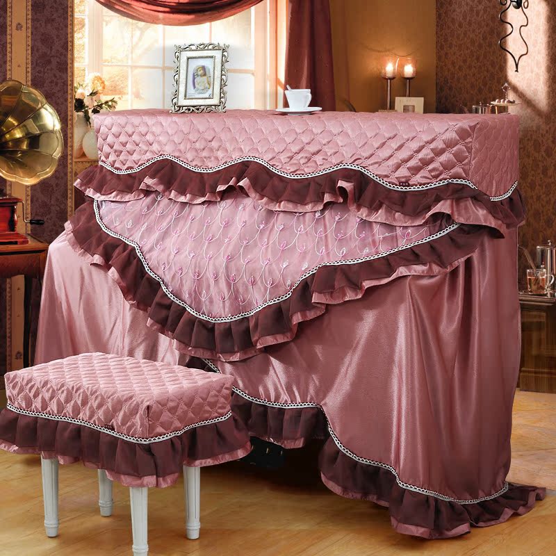 高档布艺钢琴罩全罩 欧式钢琴套防尘罩 加厚钢琴凳罩套蕾丝 粉紫