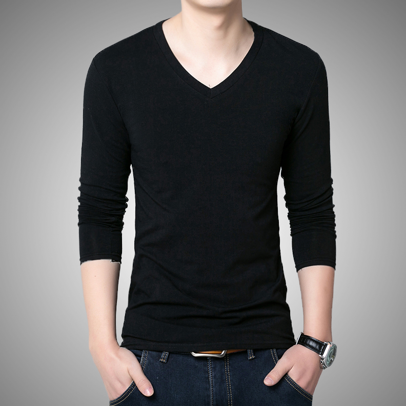 2015潮青年男士新款纯色纯棉长袖V领紧身t恤韩版修身款打底衫纯色