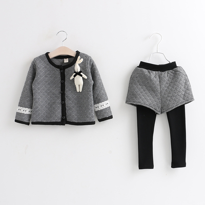 2015秋冬新款童装 韩版女童格子 内加棉长袖+假两件长裤两件套装