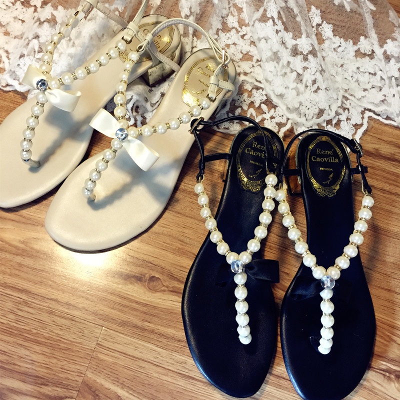 韩国2016夏新款真皮珍珠凉拖鞋中粗跟水钻夹趾牛皮波西米亚凉鞋女