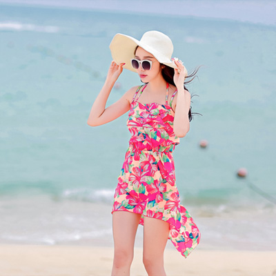 粉色大花裙式比基尼三件套小胸带钢托聚拢显瘦性感沙滩女式游泳衣