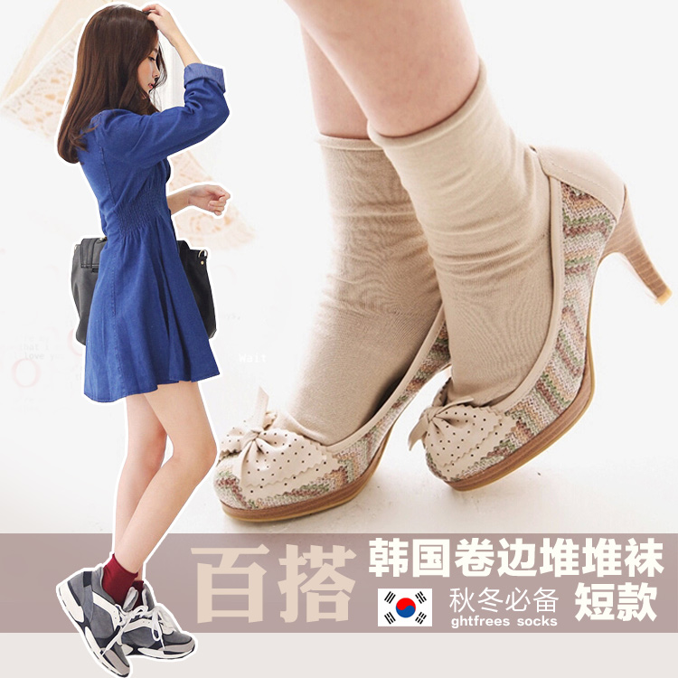 堆堆袜子 女韩国潮夏季薄纯色卷边袜糖果袜女士短筒 女袜纯棉短袜