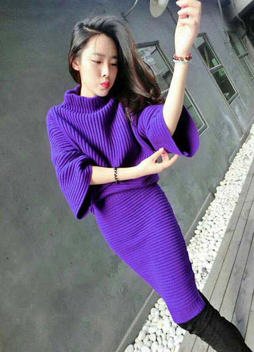 2015韩版高领蝙蝠袖毛衣+包臀长裙宽松针织套装