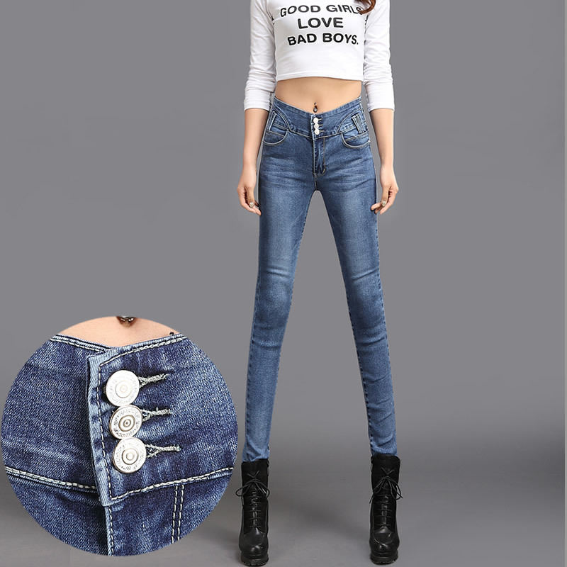 2016新款韩版女式牛仔裤排扣高腰长裤弹力修身显瘦铅笔裤