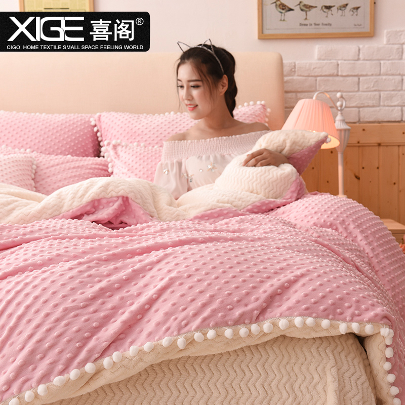 喜阁韩版公主贝贝绒四件套泡泡绒水晶绒加厚保暖1.8米床上用品