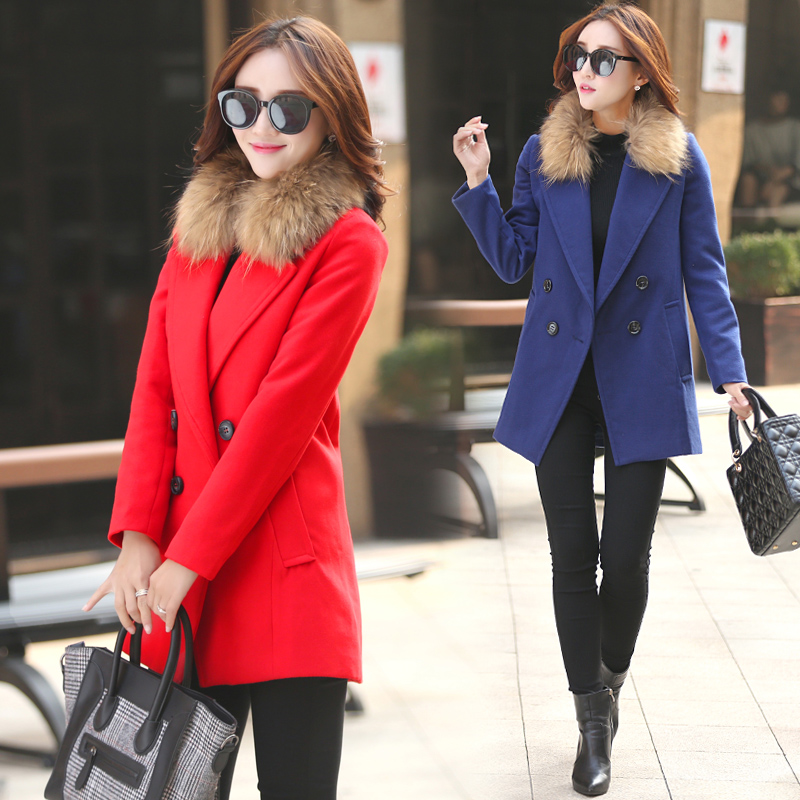 2015冬季新款韩版西装领双排扣中长款纯色修身呢子女装大衣