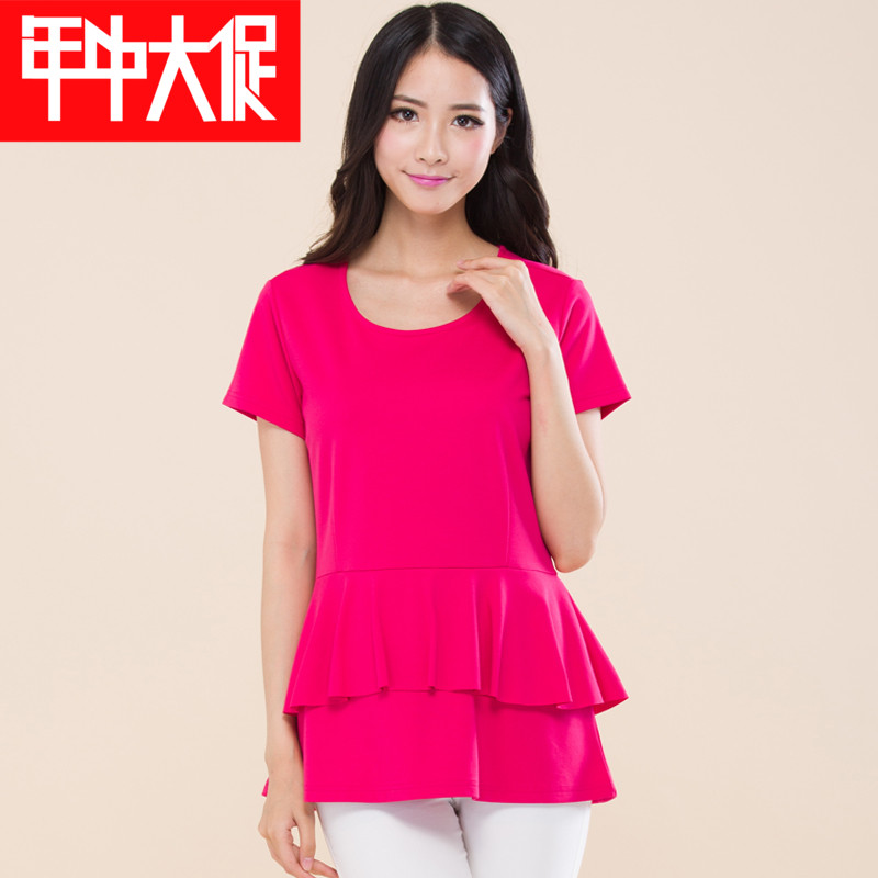 正品2015夏季大码宽松中长款短袖T恤女韩版修身荷花叶女装