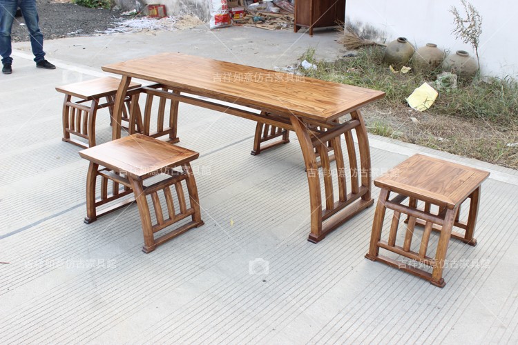 仿古家具 明清中式古典实木榆木马鞍桌五件套功夫茶桌书画桌椅
