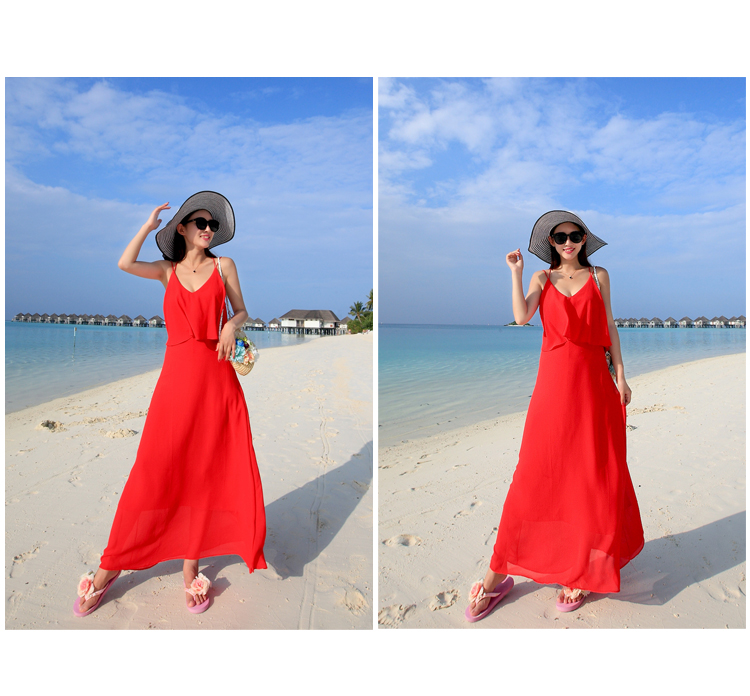 气质修身红色连衣裙夏 雪纺露背度假波西米亚沙滩裙大摆性感长裙