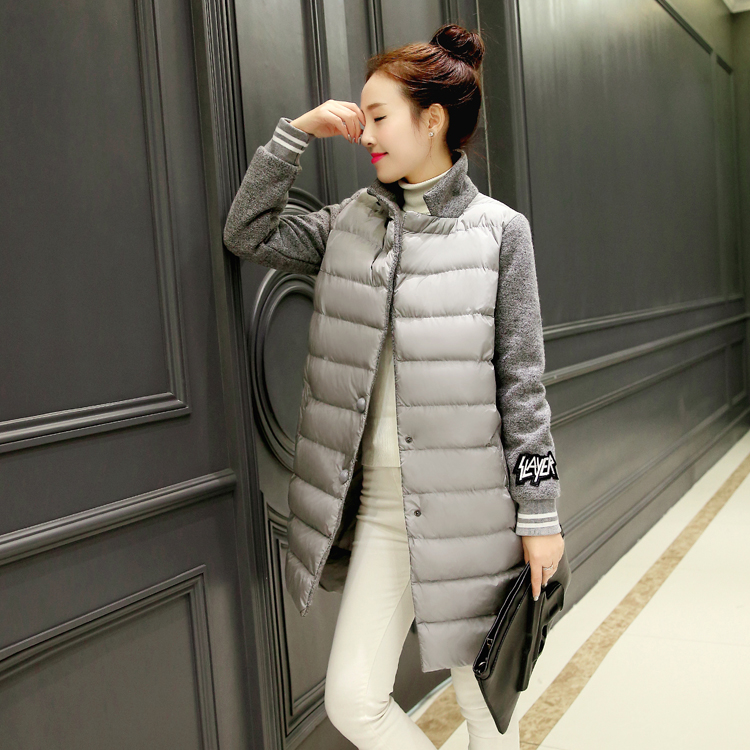 2015冬韩版显瘦拼接棒球羽绒棉衣中长款女外套棉袄西装领保暖棉服
