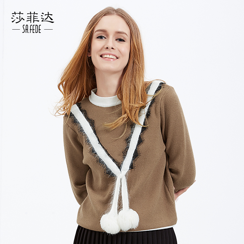 莎菲达2015冬季新款蕾丝花边套头修身兔毛毛衣 针织衫打底衫女