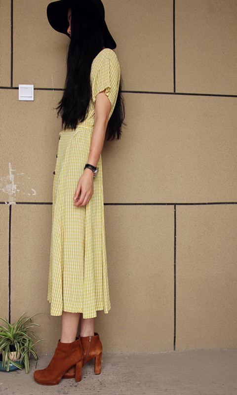古着vintage复古精品日本产小格子复古气质超长款短袖连衣裙