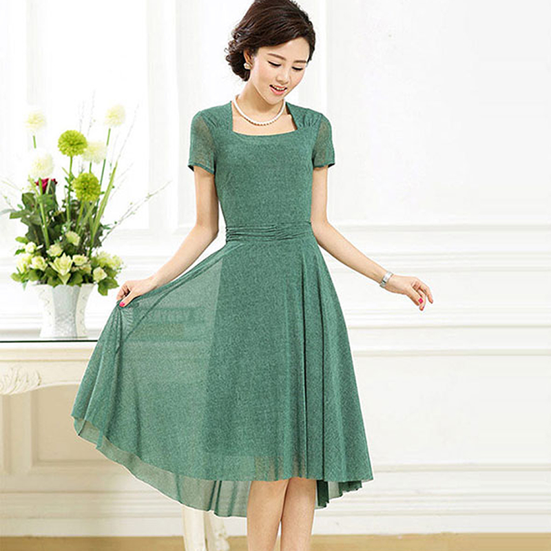 中年女装2015夏装新款中长裙显瘦收腰韩版气质短袖连衣裙夏季潮