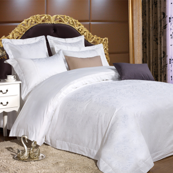 酒店宾馆床上用品三/四件套全棉提花纯白色被套床单客房布草批发