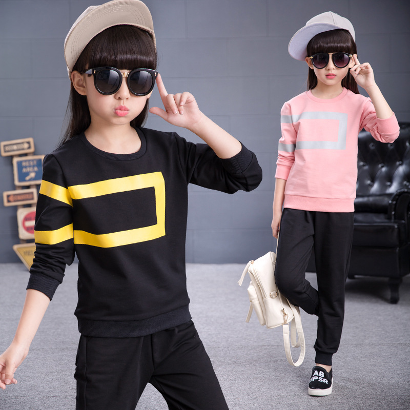 2016韩版童装儿童省心裤套装女童运动装中大童方框卫衣潮童两件套