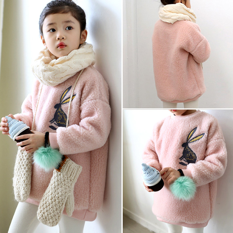 韩版童装2015秋冬装新款儿童女童宝宝刺绣兔子羊羔毛套头卫衣外套