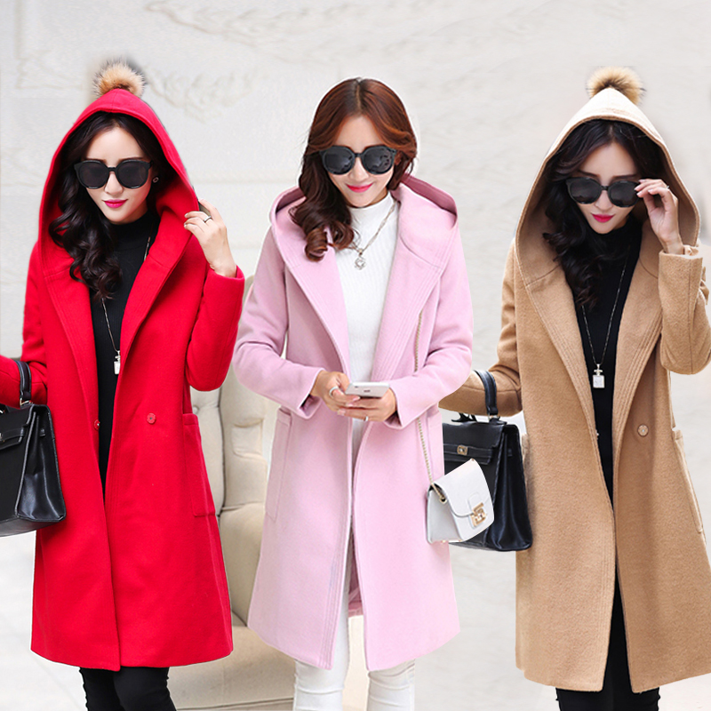 2015冬装韩版毛呢外套中长款女羊绒大衣连帽长袖修身呢子大衣潮