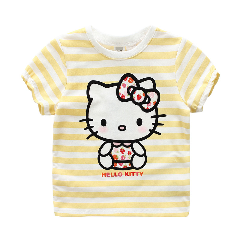 2015新款韩版夏季女童纯棉条纹t恤 潮流动漫图案圆领款短袖T恤衫