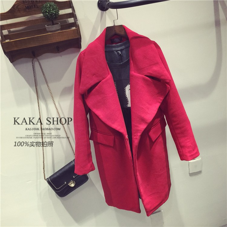 韩国2015秋冬新款女装修身显瘦大翻领毛呢外套中长款呢子大衣女红