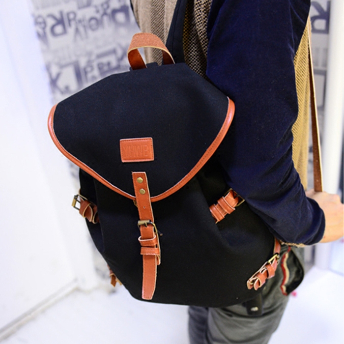 韩版新款背包潮男必备双肩包休闲帆布包包时尚水桶包男女通用书包