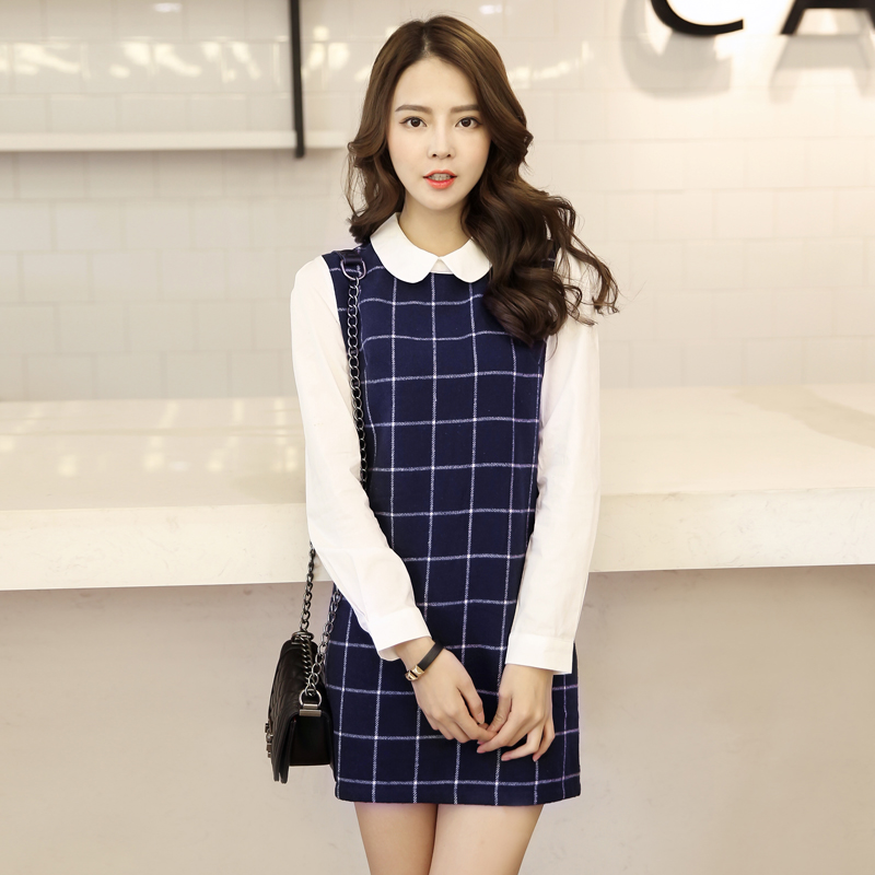 2015秋季新款格子甜美韩版女装娃娃领衬衫袖拼接假两件套装连衣裙