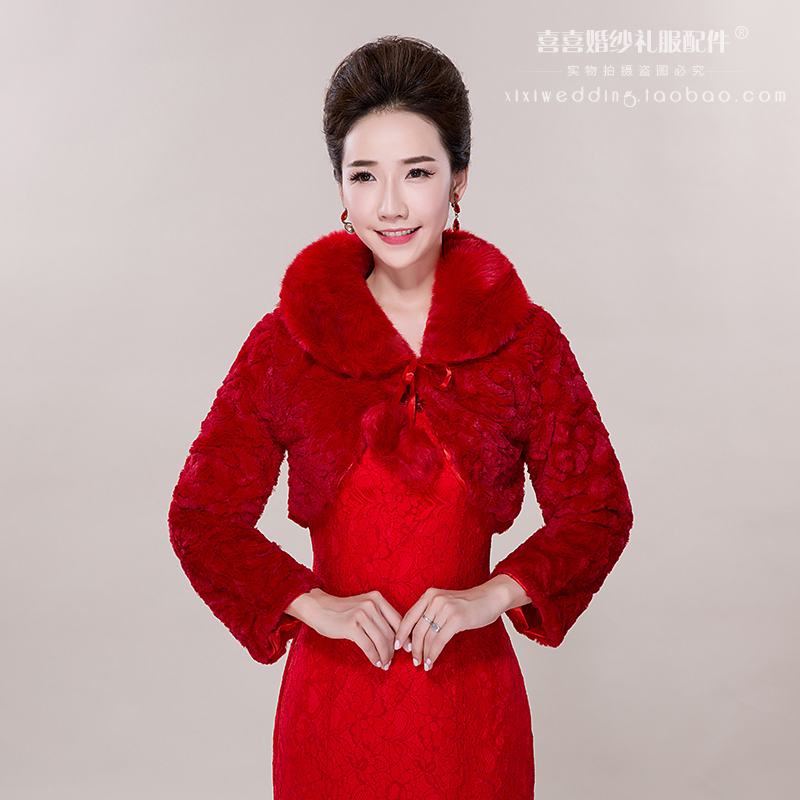新款红色新娘婚纱毛披肩2015冬季结婚中长袖保暖披肩礼服旗袍外套