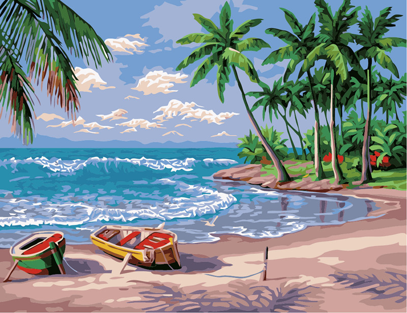 精彩数字油画diy手绘 大幅家居客厅装饰画 海滩 包邮大海风景特价