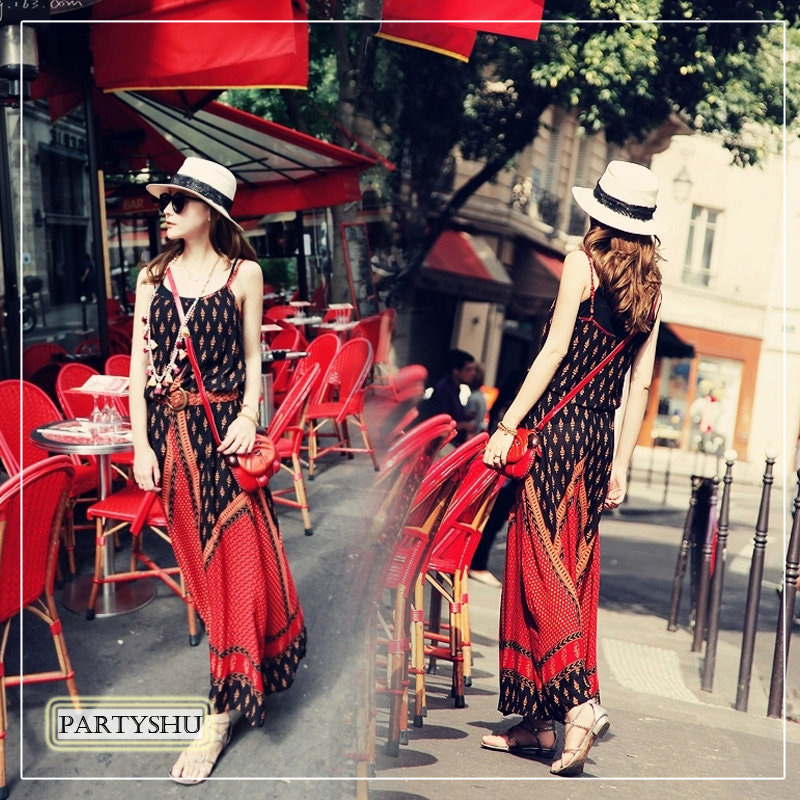 小辣椒法国巴黎复古红色民族风印花吊带连衣长裙沙滩裙旅行度假