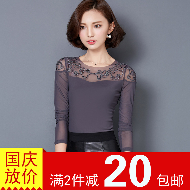 2016秋季新款韩版女装圆领绣花蕾丝衫潮流T恤修身显瘦长袖打底衫