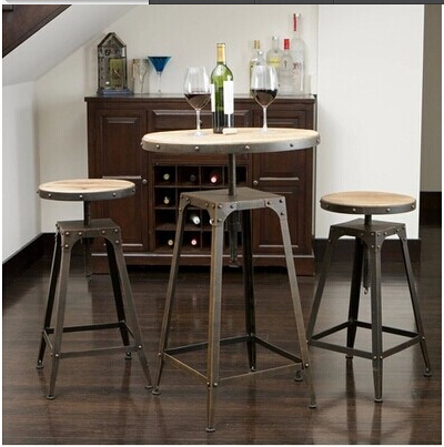 美式乡村咖啡桌椅LOFT风格铁艺实木复古做旧升降酒吧桌椅休闲椅子