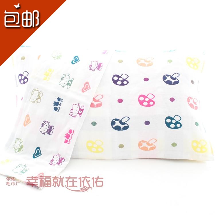 纯棉枕巾纱布两条装三层布艺卡通kt猫蘑菇加大成人 一对价格包邮