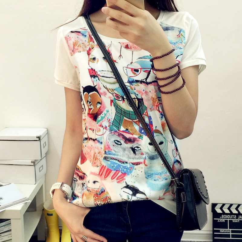 诗慕莎2015夏装新款韩版大码女装T恤宽松上衣圆领印花短袖体恤衫