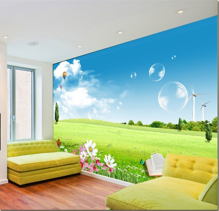 大型壁画墙纸简约蓝天白云草地自然风景客厅卧室电视背景墙壁纸