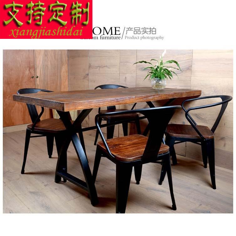 美式复古铁艺餐桌欧式实木餐桌椅组合原木办公桌工作台长桌电脑桌