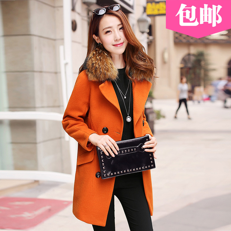 2015冬季新款 韩版修身长袖毛呢外套大衣 毛领女装中长款一件包邮