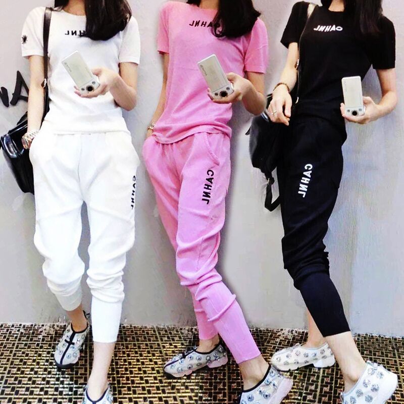 2016韩版大码纯色打底衫短袖t恤女款九分裤休闲运动服两件套女夏
