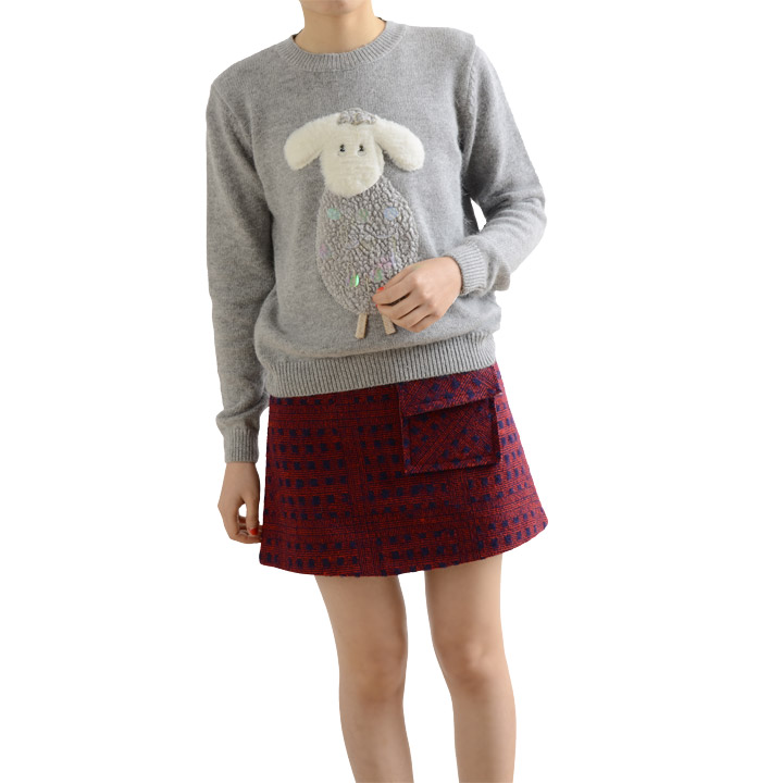 2015冬季新品韩版圆领套头卡通图案兔绒毛衣拼接亮片打底毛线衣女