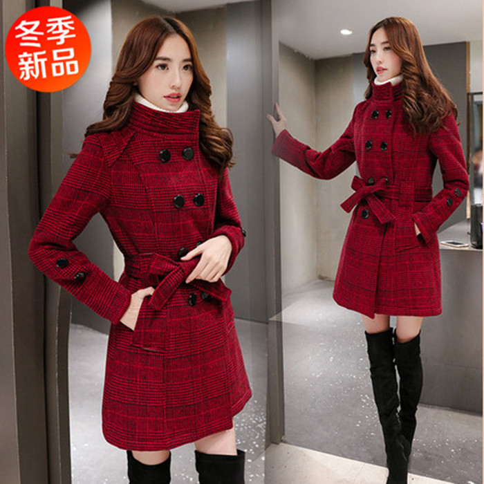 2015冬装新款女装羊毛呢外套女中长款韩版修身显瘦千鸟格呢子大衣